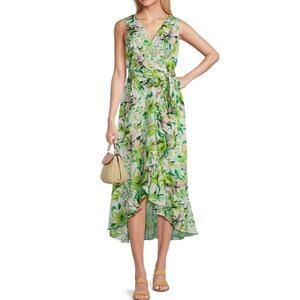 Leslie Fay Tie Waist Ruffle Skirt Floral Print Chiffon Faux Wrap Dress Size 14